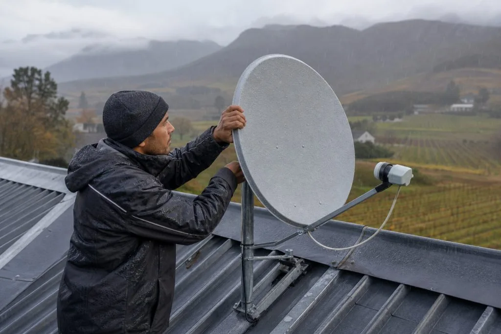 Technician inspecting a rooftop satellite dish during light rain with misty vineyards and mountains in the background