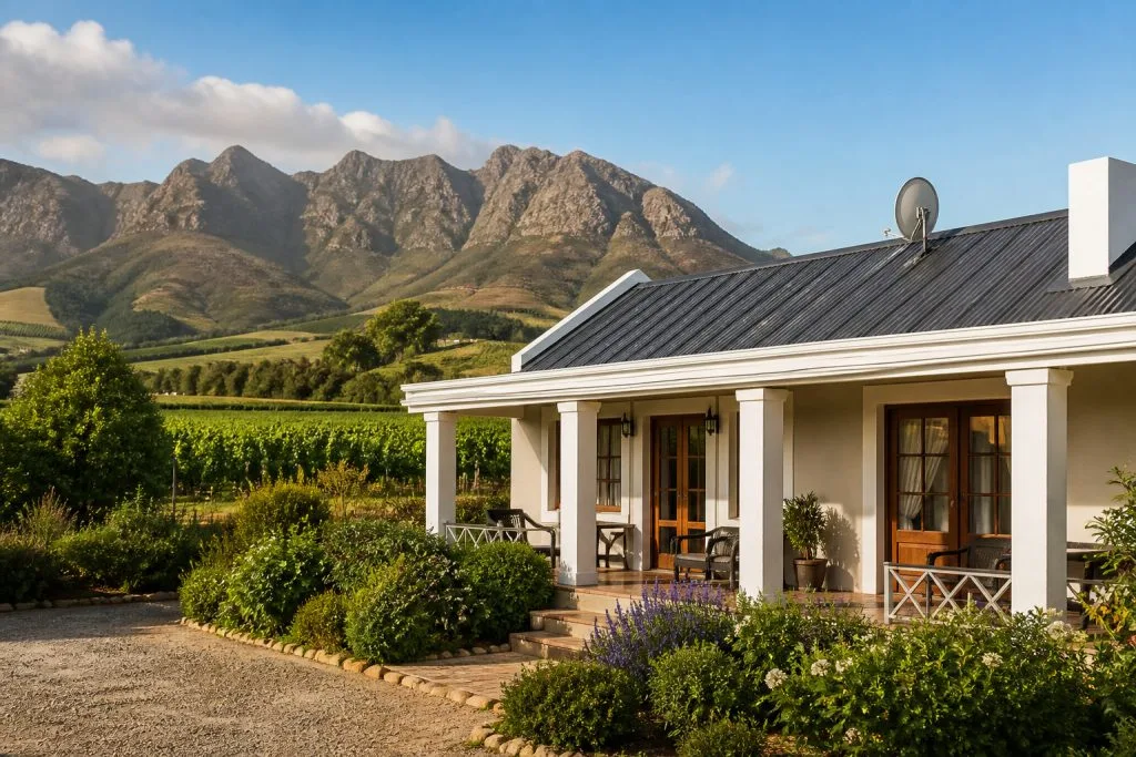 Boutique guesthouse exterior in the winelands with a satellite dish discreetly mounted on the roof and vineyards in the background