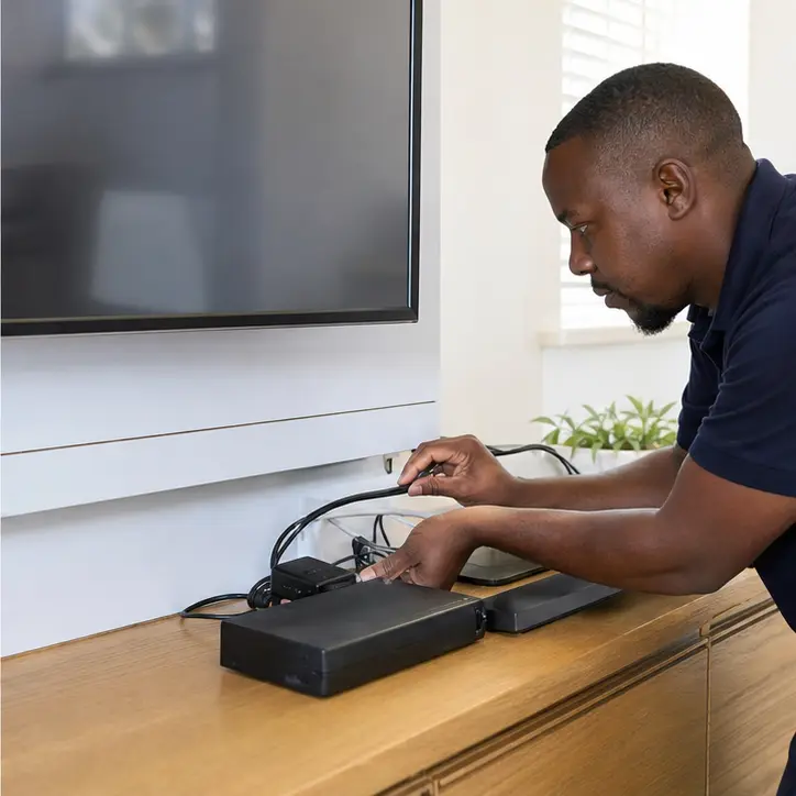 DStv decoder connected behind a wall-mounted television with the cables tidied away