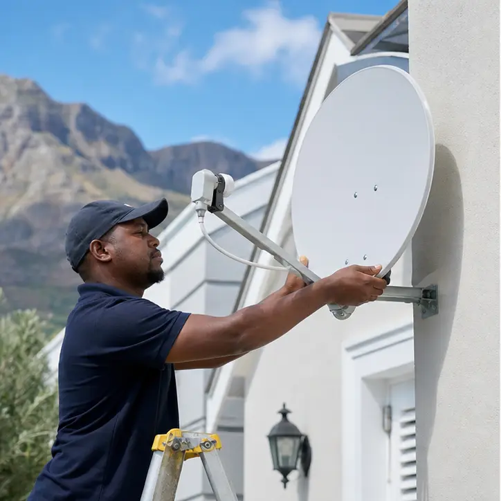 DStv satellite dish neatly mounted on a Wellington rooftop with the bracket aligned and cabling clipped down