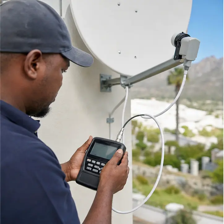 Technician checking DStv signal strength on a handheld satellite meter while aligning a dish