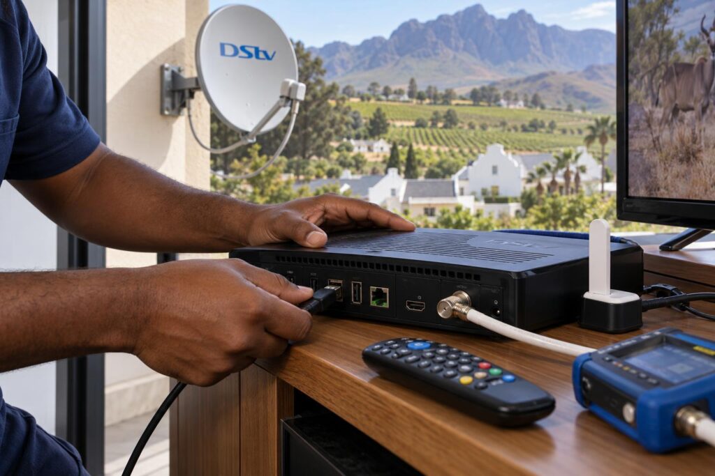 Plugging in the WiFi Connector Technician plugging the WiFi connector into the back of a DStv Explora decoder