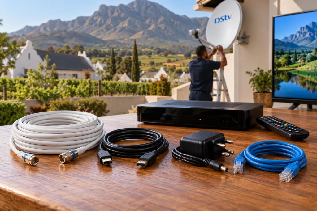 Every DStv decoder cable explained Satellite coax, HDMI, power and Ethernet DStv decoder cables laid side by side