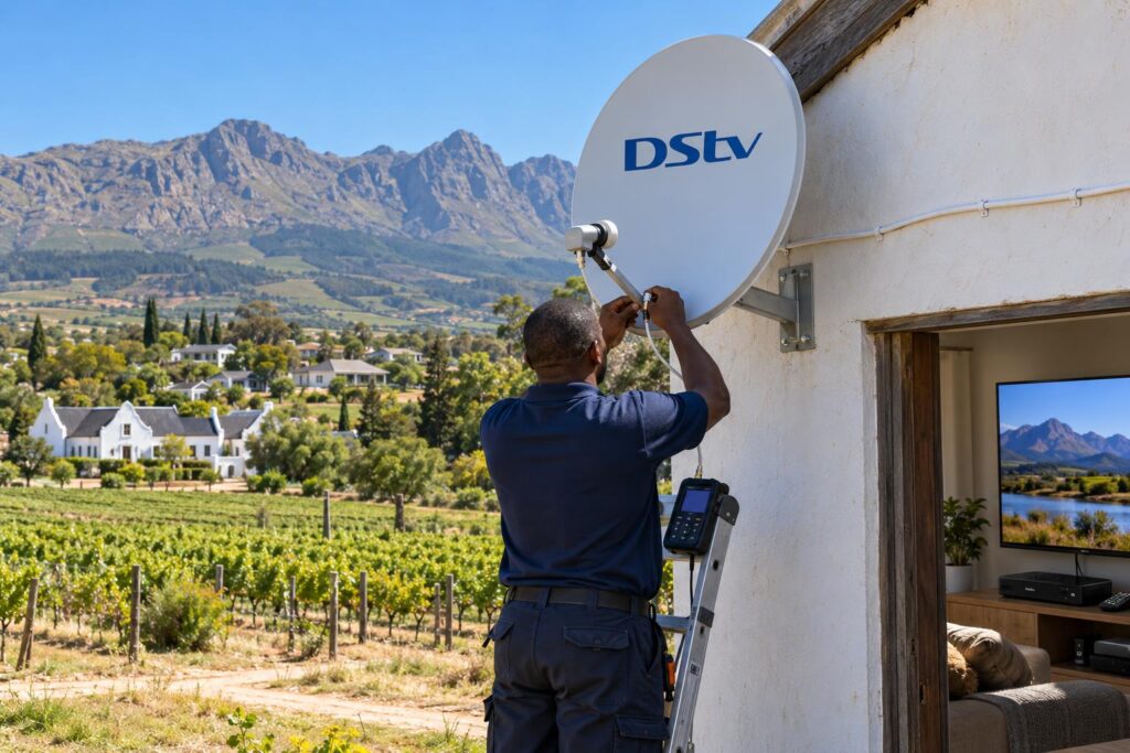 Long cable run on a Wellington farm DStv dish on a farm shed near Wellington with a long sealed cable run