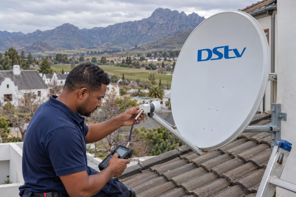 Testing the satellite cable on the roof Technician testing a DStv dish cable connector with a signal meter in Wellington