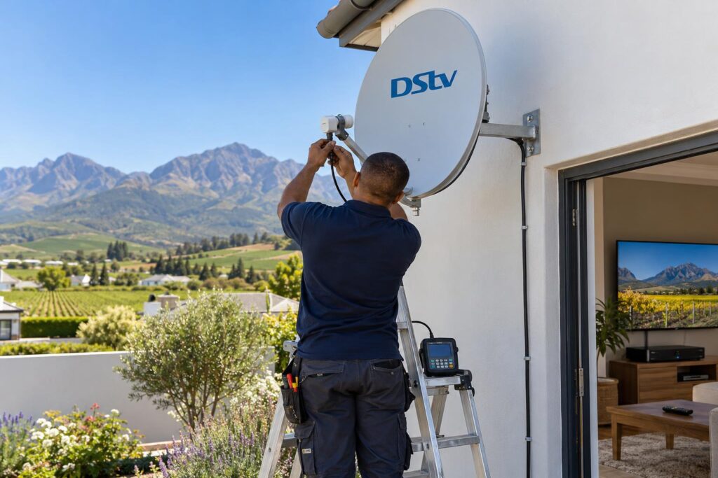 Smart LNB installation Technician fitting a Smart LNB for a DStv Explora install in Wellington