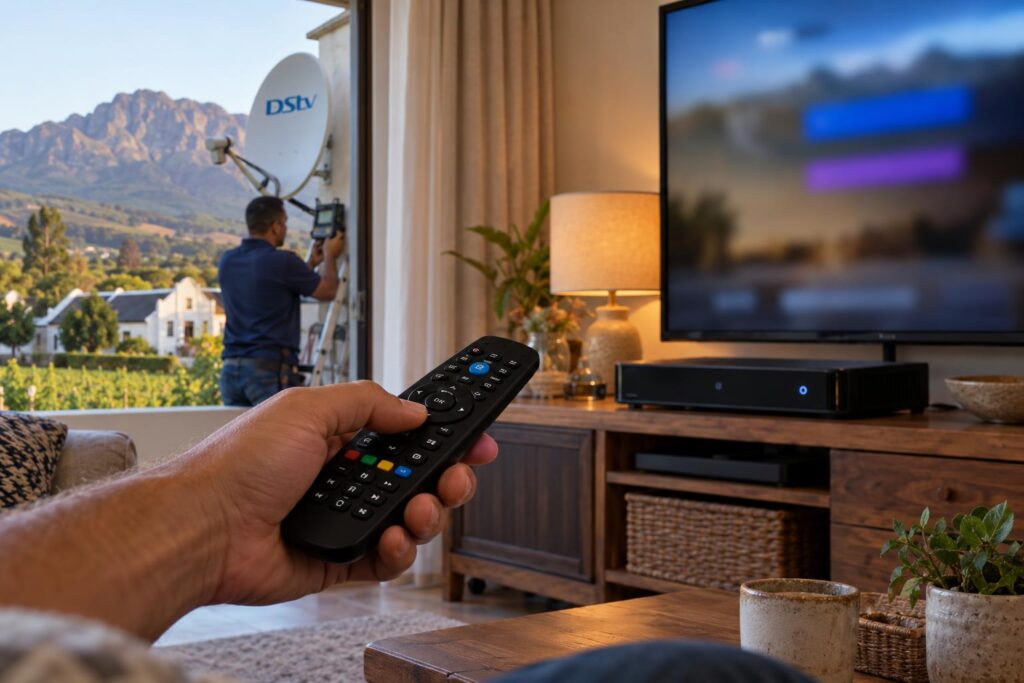 Opening the Tuner Status screen DStv remote and decoder used to open the tuner status signal screen