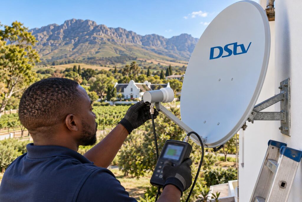 Aligning the dish with a signal meter Satellite signal meter used for dish alignment on a DStv dish near Wellington