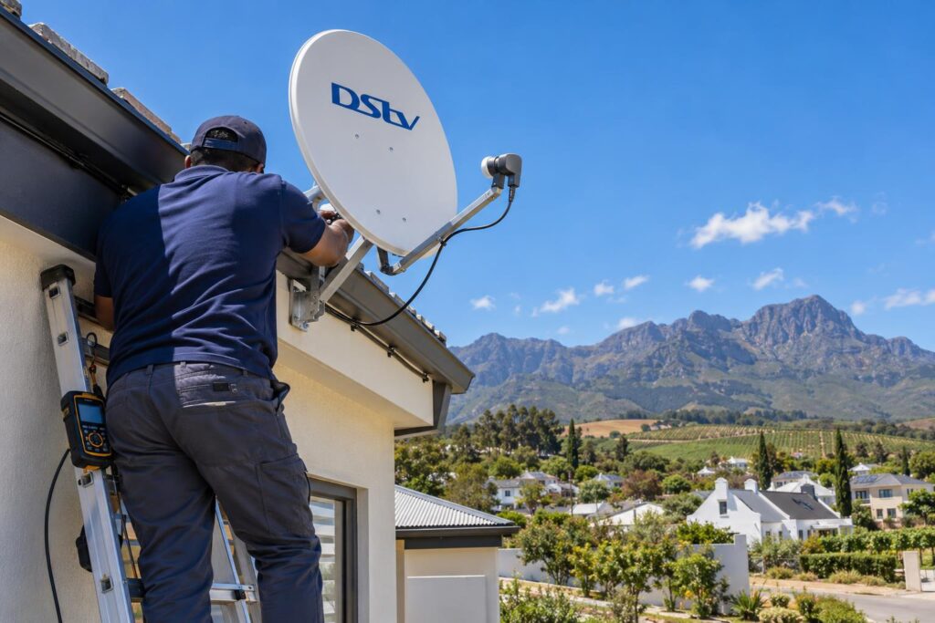 Dish alignment after LNB fitting Installer aligning a satellite dish after fitting a Smart LNB in Wellington