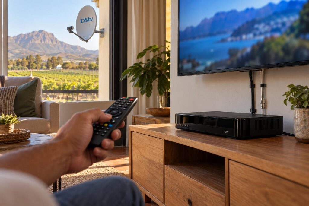 Decoder and remote OpenView decoder and remote on a TV cabinet in a Wellington home