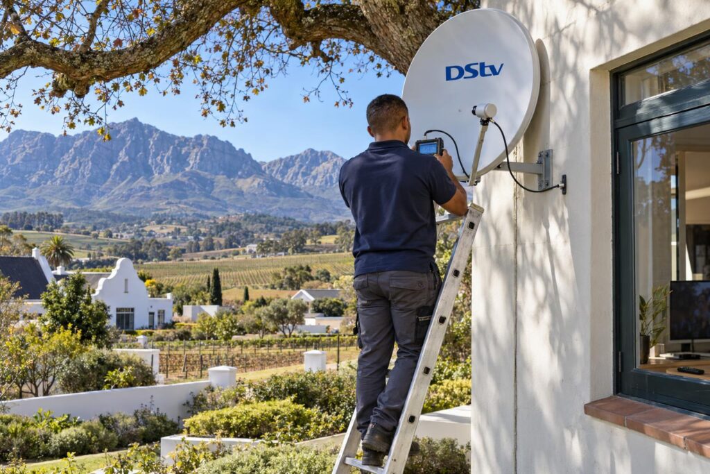 Checking the dish at the other house Technician checking dish signal so a DStv decoder works at another house in Wellington