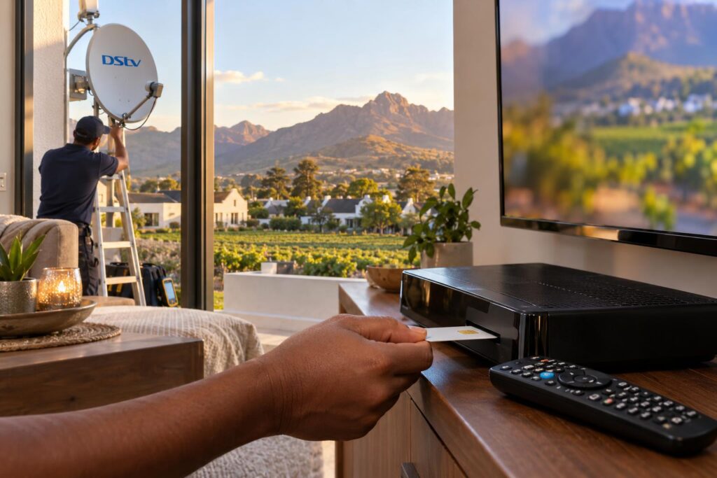 Decoder set up at the holiday home DStv decoder and smartcard set up in a Wellington holiday home lounge